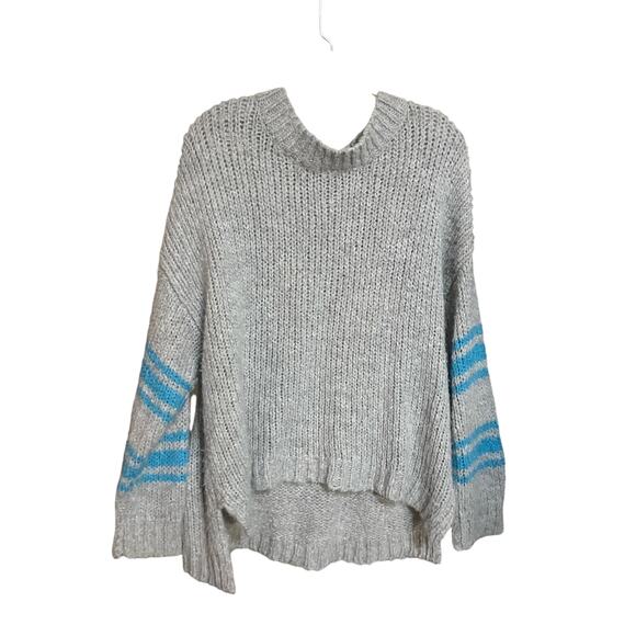 Aerie Oversized Sweater L Chunky Knit Gray Blue Striped Wool Blend - Picture 1 of 6